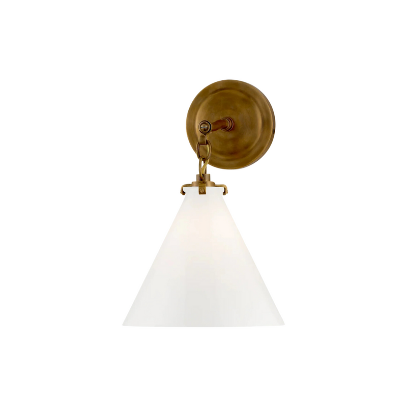 katie sconce antique hand rubbed brass white glass