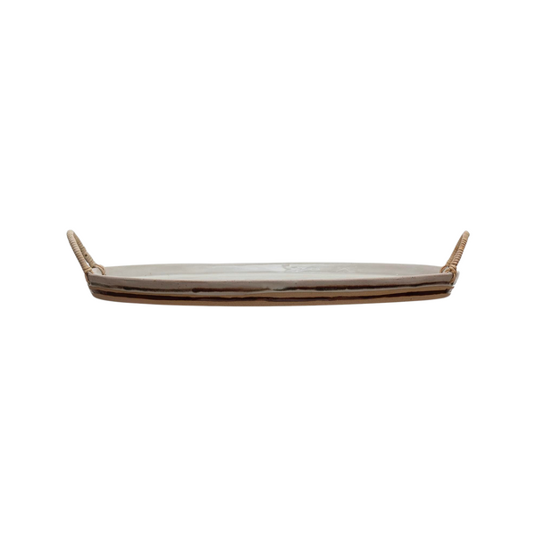 Stoneware Platter with Rattan Handle
